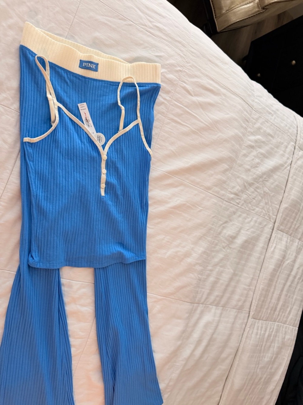 PINK Victoria's Secret Blue Ribbed Tank & Lounge Pants with Cream Trim